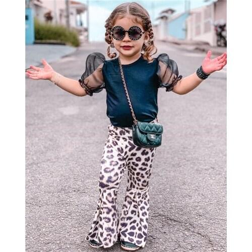 2021 Top Sale Fashion Kids Baby Girls Fashion 2-Piece Outfit Set Puff Sleeve Tops+Leopard Flared Pants Set