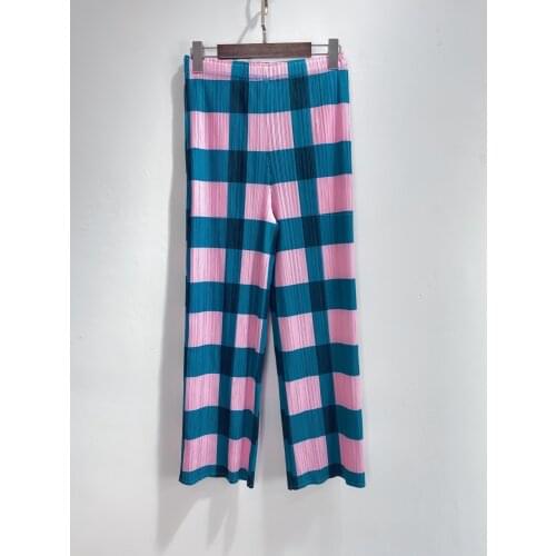 HOT SELLING miyake lattice print pleated casual pants straight pants IN STOCK