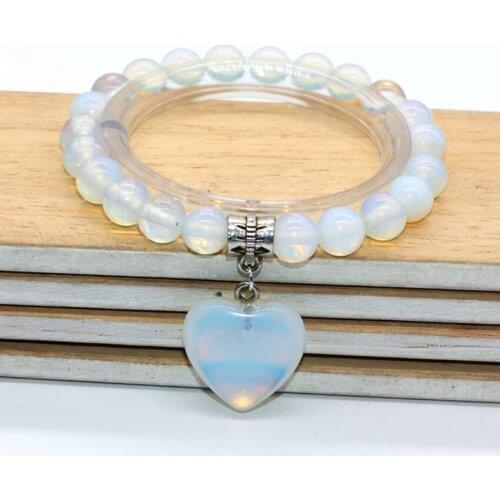 Trendy-beads Silver Plated Cute Heart Connect 8 mm Opalite Opal Round Beads Elastic Bracelet for Lovers Gift