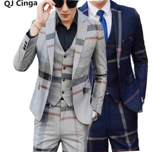 Mens Plaid Suit Blue Gray Mens Tuxedo 2021 Slim Mens Business Tuxedo Wedding Dress Men Classic Suit Formal Jacket Pants Vest