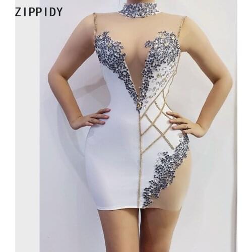 New Rhinestones Transparent Chest Short Dress Bar Birthday Celebrate Dress Outfit Prom Women Dance Singer Dress