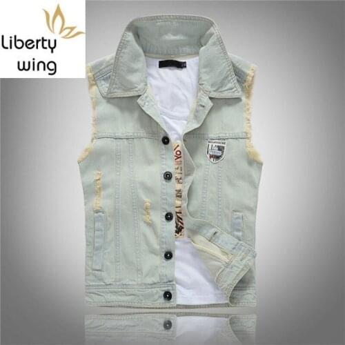 Summer New Slim Frayed Denim Men Classic Ripped Hole Sleeveless Jacket Vintage Single Breasted Biker Vest Plus Size 4XL