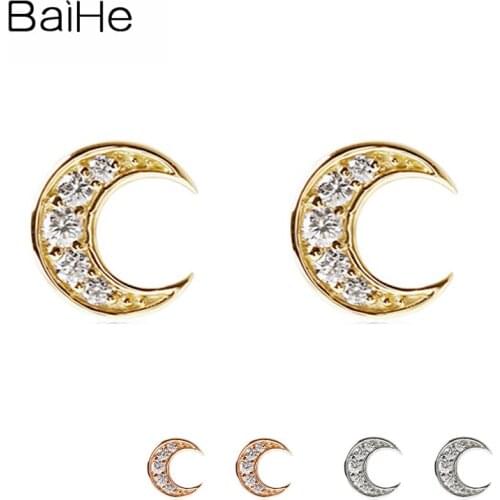 BAIHE Genuine Solid 14K Yellow/Rose/White Gold Starry Sky Series Moon Diamond Stud Earrings Cерьги Cережки Fine Jewelry Wedding