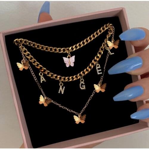 BOHO Golden Multilayer Butterfly Charms Chunky Chain Necklace For Women Crystal ANGEL Letters Pendants Necklace New 2021 Jewelry