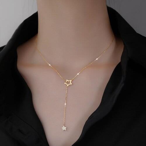 2021 Women Fashion Korean Version Of Simple Zircon Five-Pointed Star Pendant Necklace For Cold Air Tassel Clavicle Chain Jewelry