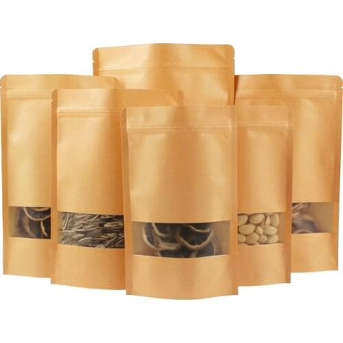50pcs Kraft Paper Stand Up Zipper Bag with Window Resealable Zip Lock Closure Heat Seal for Food Packaging can be customized