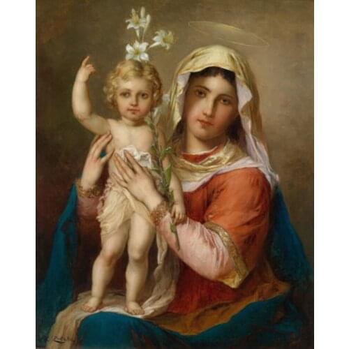 Portrait Canvas Painting Art The Virgin Mary Madonna with Child Christ Holding White Flowers Oil Painting Wall Decor Handmade