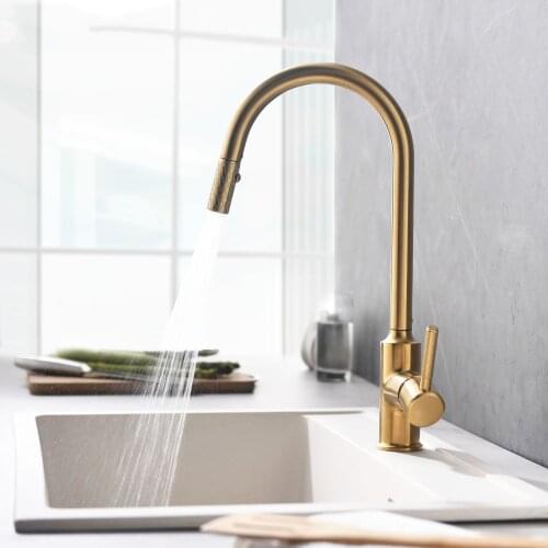 Luxury Brushed Gold Kitchen Faucet Cold and Hot Kitchen Mixer Pull Out Two Function Deck Mounted All Brass High Quality Tap