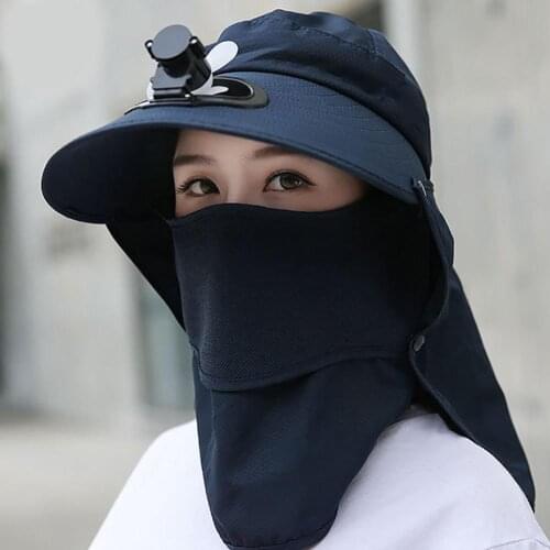 Women Summer Breathable Quick-Dry Detachable Outdoor Anti-Sun Cap Neck Face Rechargeable Riding Flap Wide Brim Hat with Fan Hat