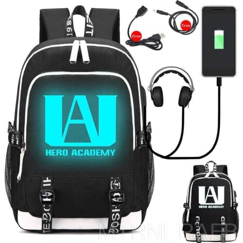 My Hero Academia luminous backpack with USB charging port, unisex laptop backpack travel bag BNHA notebook + bracelet
