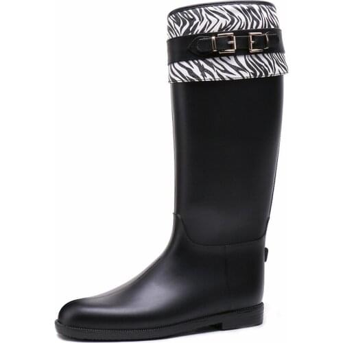 TONGPU Womens Zipper Closure Decorative Golden Buckle and Belt Black and Zebra Stripes Knee-High Waterproof PVC Rain Boots