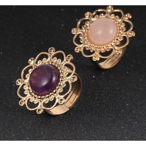 Vintage Gold Flower Natural Stone Rings For Women Round Turquoises Opal Crystal Resizable Ring Female Party Wedding Jewelry