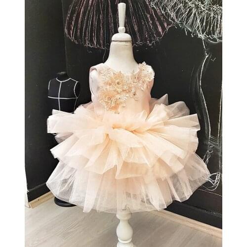 High Quality Champagne Fluffy Baby Girl Dress For Birthday 3D Floral Appliques Zipper Back Dress Elegant Princess Gowns Photo