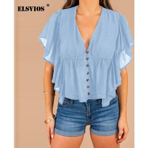 Fashion Loose Shirt V-Neck Single-Breasted Ruffle Short-Sleeved Women Blouse Summer Casual Hollow Lace-Up Solid Color Streetwear