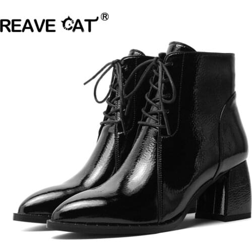 REAVE CAT Women Genuine Leather Square Heel Ankle Boots Pointed Toe Patent Leather Strap Designer Brand Big Size 42 Black S2312