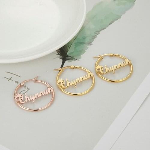 Big Round Custom Crown Name Hoop Earrings For Women Nameplate Personalized Oorbellen Stainless Steel Pendientes Mujer Jewelry