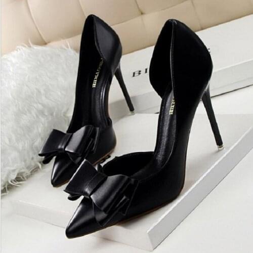 Korean Style New Fashion Thin High Heels Bowknot Pointed Toe Bowknot Hollow Shallow Slip-On Women Pumps Shoes 20200727