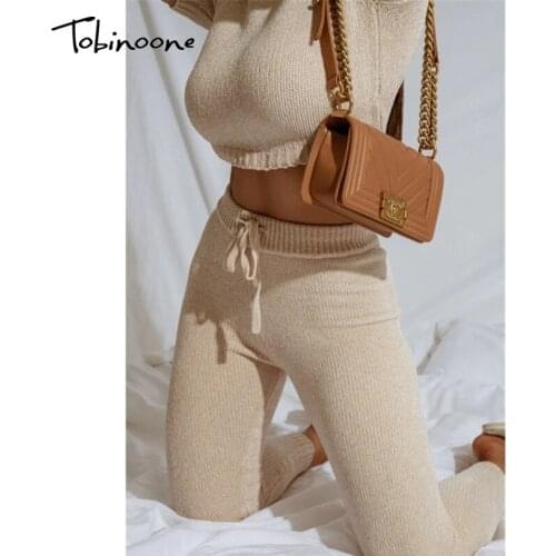 Tobinoone Knitted Two Pieces Set Women Long Sleeve Hooded Tops And Elastic Pants Suits Female Fashion Outfits Autumn Winter Sets