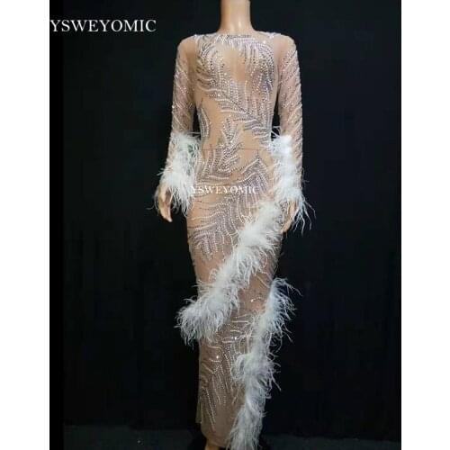 2019 Long Rhinestones pearls Mesh Dress Birthday Celebrate Dress Feather See Through Mesh Outfit Singer Prom Party Dresses