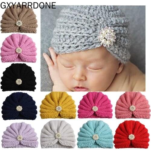 2019 Fashion Winter Baby Girl Hats With Pearls Candy Color Knit Newborn Beanie Hat Baby Fotografia Cap Accessories 1 PC