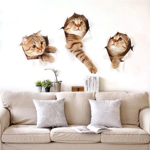 3D Cartoon Cat Vivid Smashed Switch Wall Sticker Bathroom Toilet Kicthen Decorative Decals Funny Animals Decor Poster Mural Art