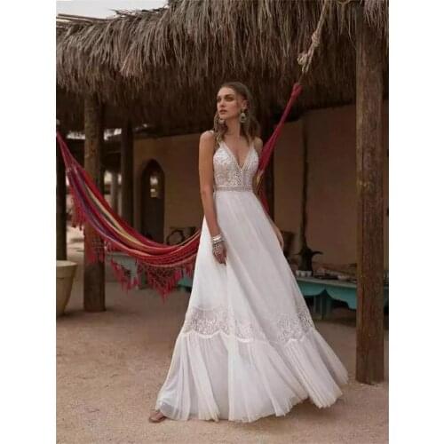 9961#Boho Wedding Dresses V-neck Lace Bridal Gowns Backless Sleeveelss Bohemia Beach Princess Wedding Party Dress Vintage 2021