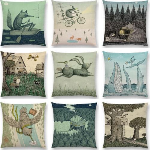 Hot Sale Sketch Fairy Tales Fantasy Forest Hut Tree House Little Girl Boy Magical Animals Fable World Cushion Sofa Throw Pillow