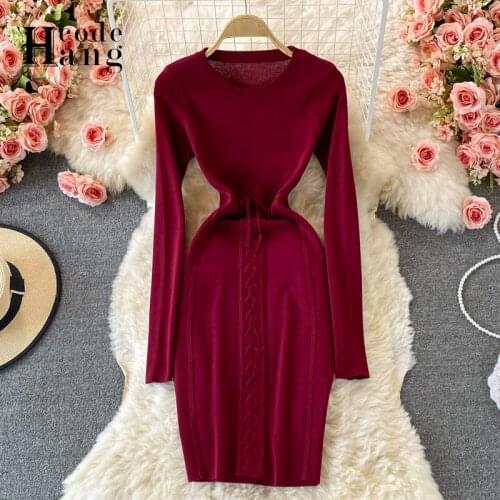 HangCode 2021 New Autumn Winter Women Knitted Dress Design O-neck High Waist Lace Package Hips Sexy Bodycon Office Ladies Dress