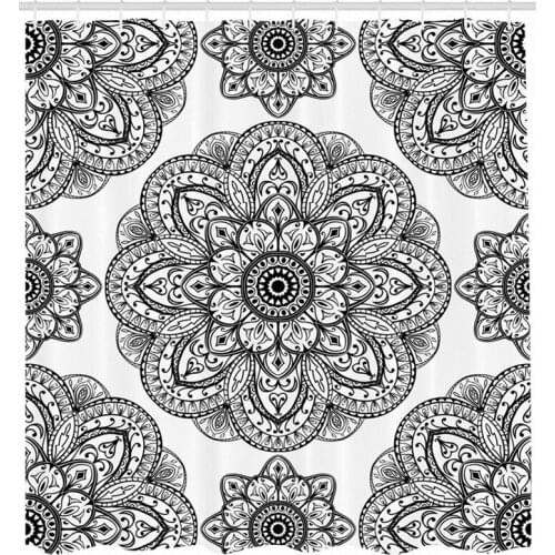Hot Black White Modern Ornate Mandala Curtain for Bathroom Mandala Patterns Fabric Shower Bathroom Curtains Set Geometric Decor
