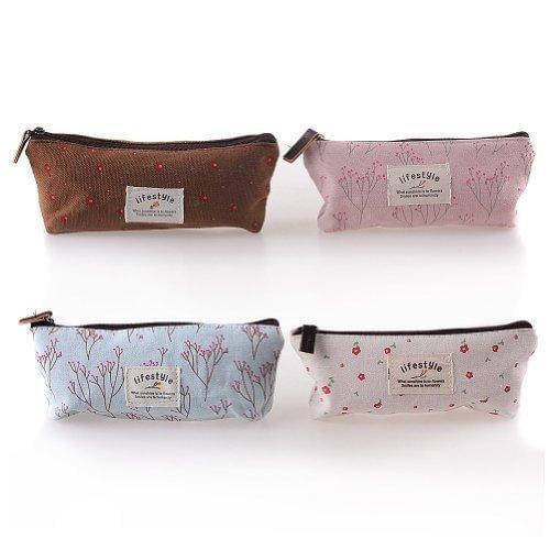 MeterMall 4PCS Canvas Zipper Floral print Stationery Case Storage Package Different Color for School Supplies