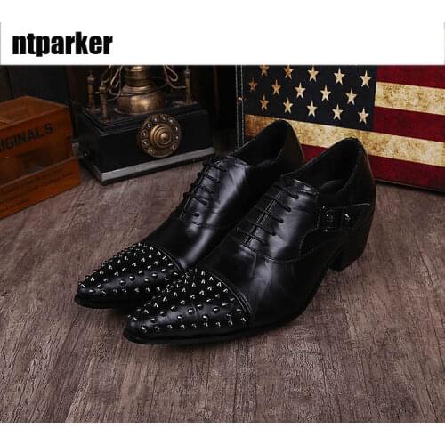 Ntparker-Luxury Italian Style Men Shoes Black Leather Dress Shoes Pointed Toe Riviets Retro Business Dress Shoes Men High Heels