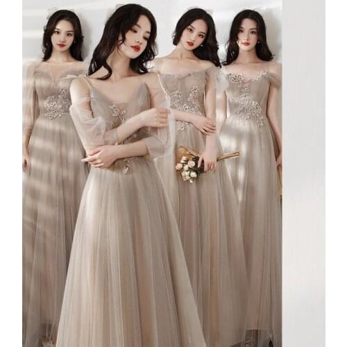 Bridesmaids Dresses Illusion Short O-Neck Tulle Floor-Length A-Line Sequined Pleat Off The Shoulder Lady Wedding Party Gown E659