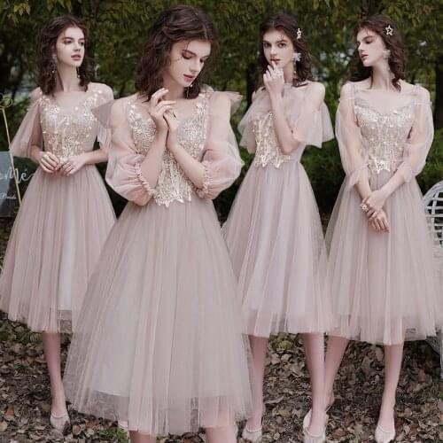 Bridesmaids Dresses Luxury Short A-Line Knee-Length Halter Off The Shoulder Embroidery Lace Tulle Women Wedding Party Gown E127