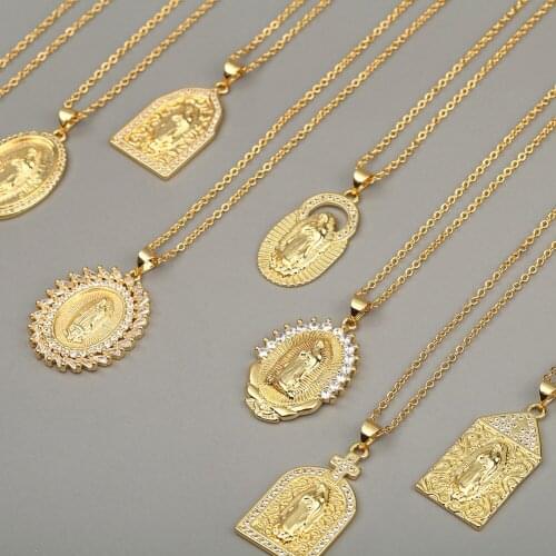 YiJia Gold Color The Blessed Virgin Mary Necklaces for Women Men Cubic Zirconia Mother of God Pendant Jewelry