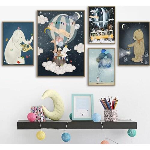 Canvas Print Poster Astronaut Balloon Spaceship Kawaii Bear Elephant Giraffe Painting Cartoon Wall Pictures for Kids Baby Room
