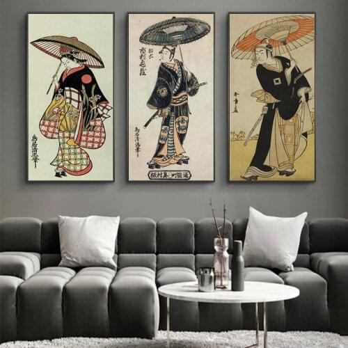 Retro Japanese Ukiyoe Anime Canvas Poster With Wood Frame Hanger Print Pictures Wall Art Scroll Painting Living Room Decoration