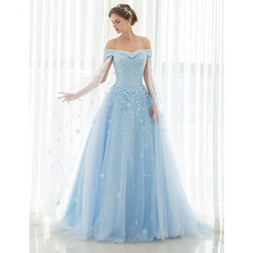 Luxury Light Blue Off the Shoulder Short Sleeve with Jacket Court Train Ball Gown Beaded Appliques Long Party Dress One-piece