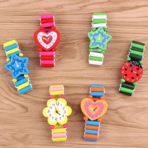 Babys Kids Cartoon Wooden Crafts Wristwatches Bracelet Watch Toy Children Student Xmas Toys Gift Random Style Color Hot
