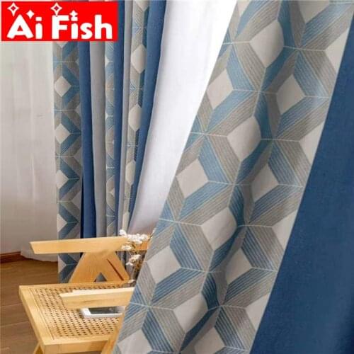 Modern Blue Grey Stripe Splicing Geometry Blackout Bedroom Window Curtains Thick Linen Home Blinds Curtain For Sliding Door #5