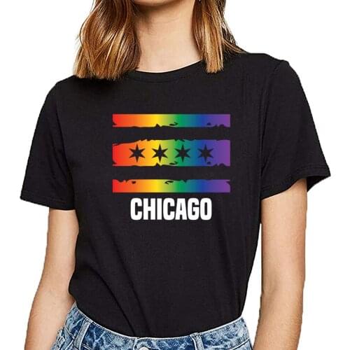 Tops T Shirt Women chicago flag gay pride lgbt apparel heather prism Fit Inscriptions Cotton Female Tshirt