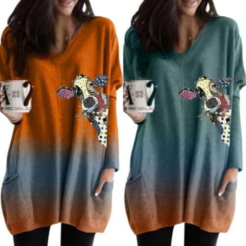 Women Cows Printed Long Sleeve Pockets Mini Dress Casual Baggy T-Shirt Top