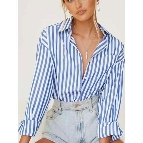 Womens Oversized Boyfriend Shirts Long Sleeve Striped Print Loose Button Down Tops
