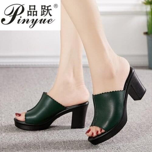 Women Slippers 2020 Ladies Summer Slippers Shoes Women High Heels Fashion Open Toe Genuine Leather Summer Shoes