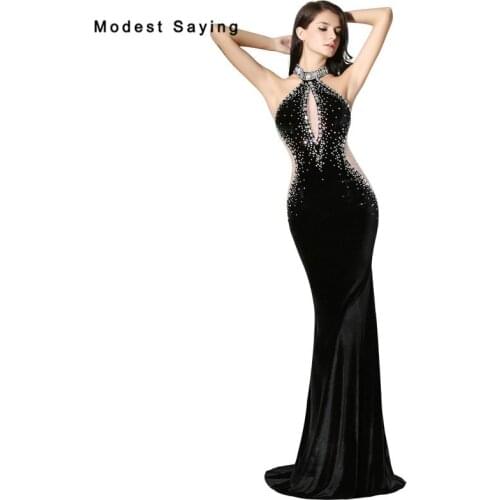 Sexy Black Mermaid Halter Velvet Evening Dress 2017 with Rhinestone Formal Women Long Party Prom Gowns vestido longo de festa