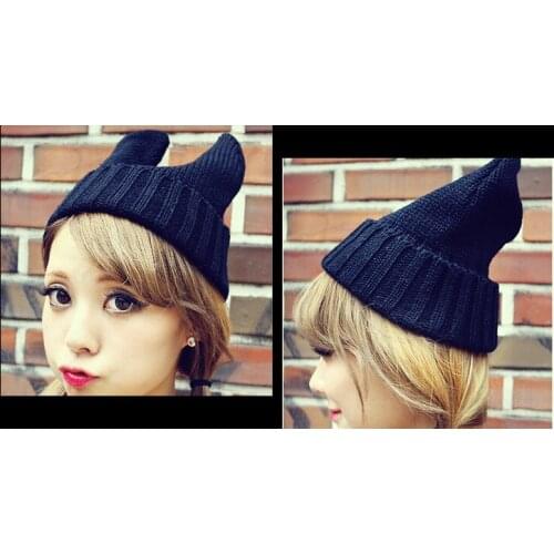 120pcs/lot Lovely Cat Ear Style Knitted Hat Soft Warm Winter Elastic Acrylic Blended Beanie Candy Color