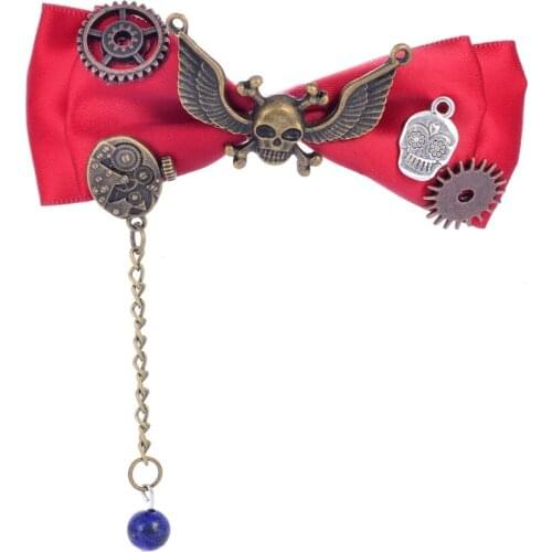 Gears and Skull Charms Red Ribbon Hairclip Accessory