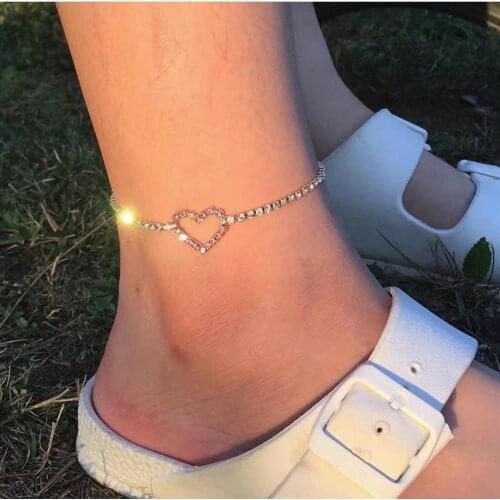 Summer Beach Rhinestone Bling Pink Love Heart Anklet Bracelet Charms Crystal Leg Chain Anklets Foot Chain Jewelry for Girl