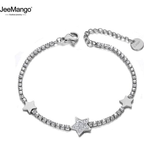 JeeMango Trendy Clay Rhinestone Star Charm Bracelets For Women Girl Stainless Steel CZ Link Chain Bracelet For Christmas JB19132