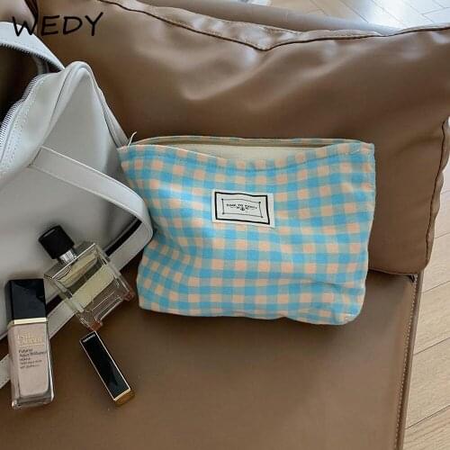 Colorful Lattice Clutch Cosmetic Bag Cotton Fabric Large Travel Toiletry Bag Necesserie Organizer Cosemetic Pouch Makeup Storage