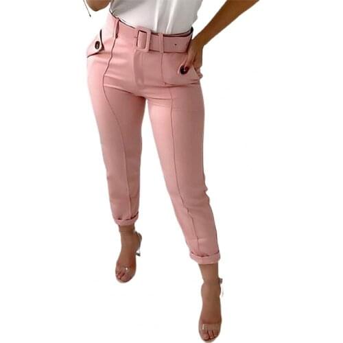 Fashion Women Solid Color High Waist Button Belt Elastic Pants Skinny Trousers